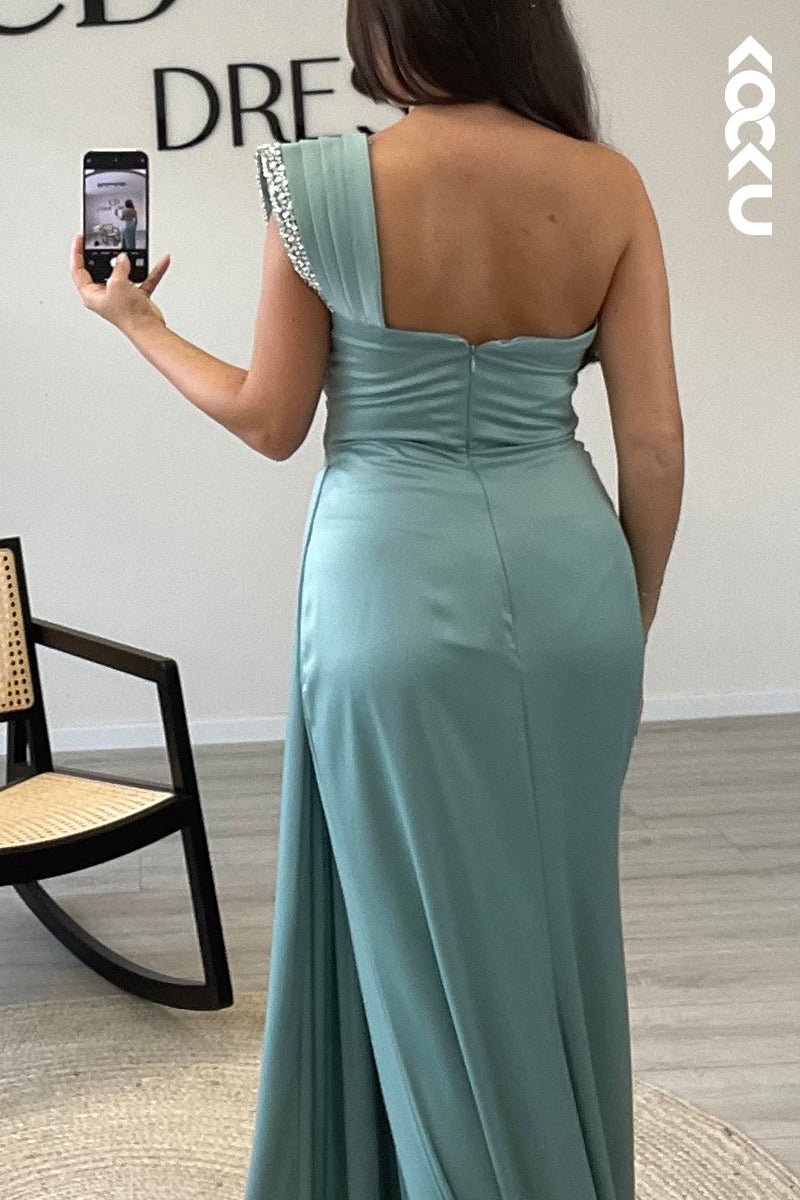 L1329 - Sheath/Column One Shoulder Beaded Satin Pleated Long Formal Dress