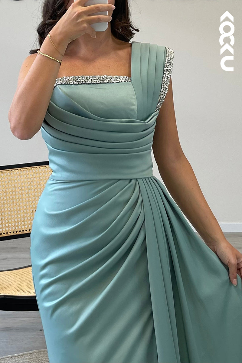 L1329 - Sheath/Column One Shoulder Beaded Satin Pleated Long Formal Dress