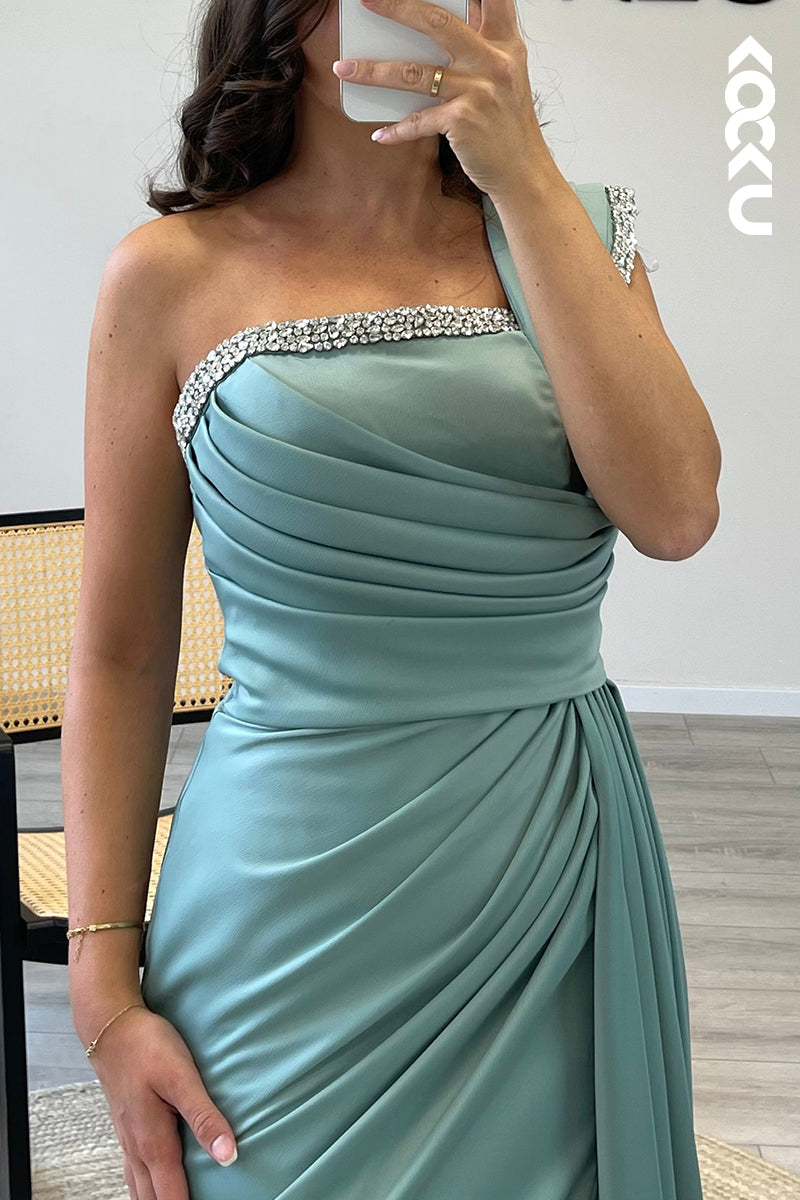 L1329 - Sheath/Column One Shoulder Beaded Satin Pleated Long Formal Dress
