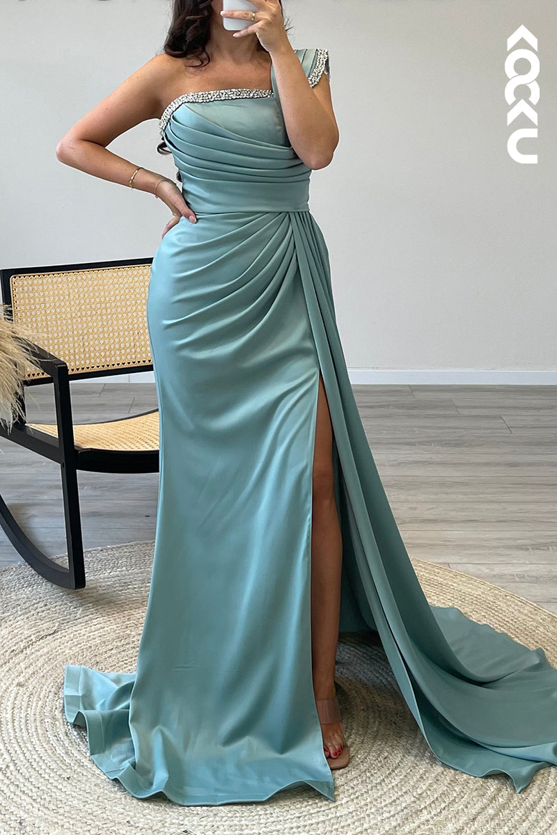 L1329 - Sheath/Column One Shoulder Beaded Satin Pleated Long Formal Dress