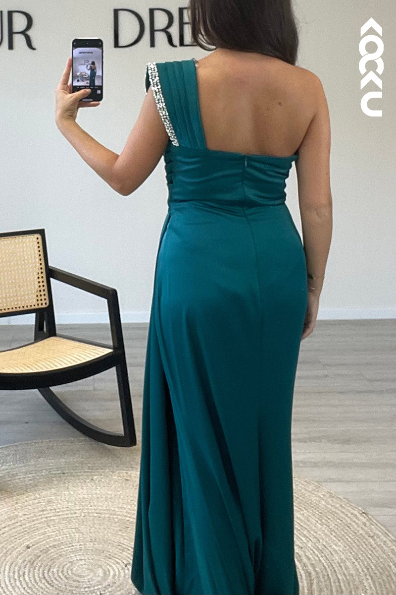 L1329 - Sheath/Column One Shoulder Beaded Satin Pleated Long Formal Dress