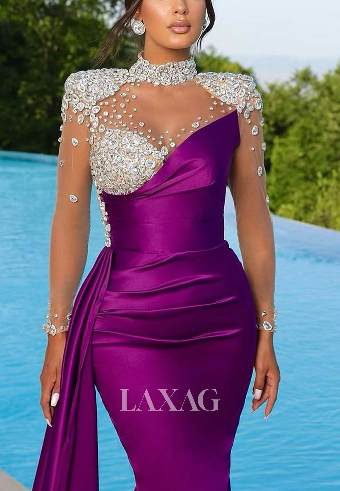 21904 - Illusion Neckline Beads Long Sleeves Mermaid Long Formal Prom Dress