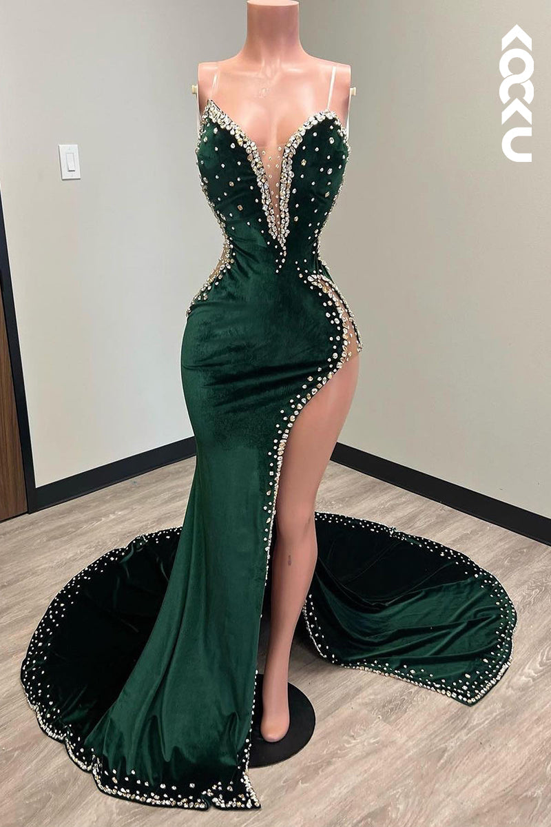 L1333 - Sheath/Column V-Neck Velvet Beaded Sleeveless Prom Evening Formal Dress
