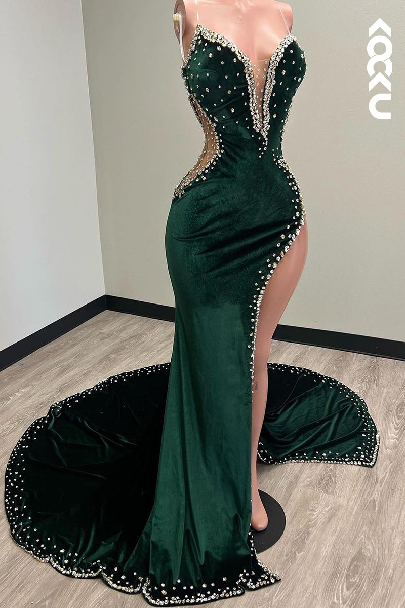 L1333 - Sheath/Column V-Neck Velvet Beaded Sleeveless Prom Evening Formal Dress