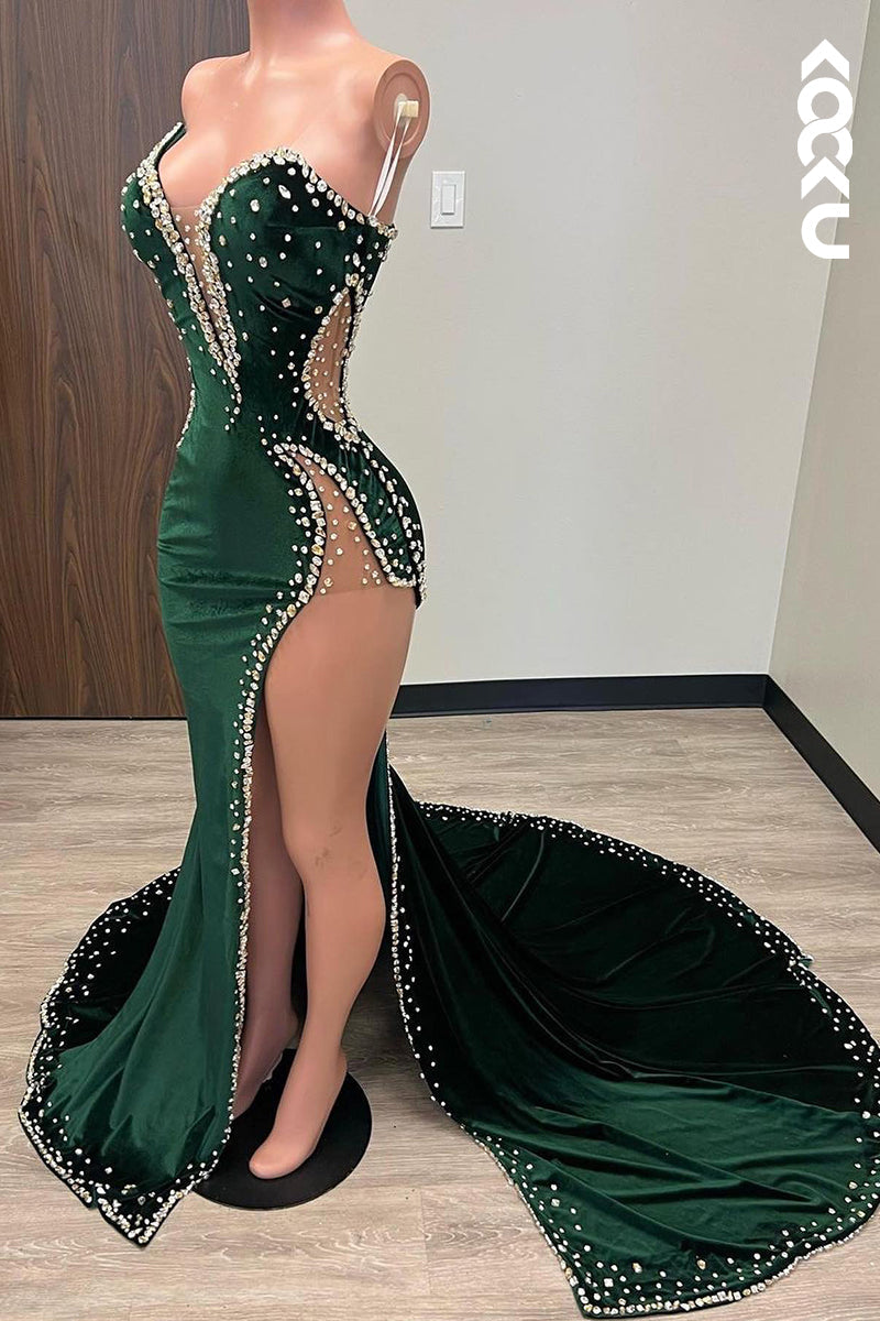 L1333 - Sheath/Column V-Neck Velvet Beaded Sleeveless Prom Evening Formal Dress