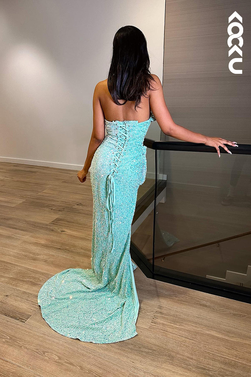 L1334 - Sheath/Column V-Neck Sequined Split Sleeveless Prom Evening Formal Dress