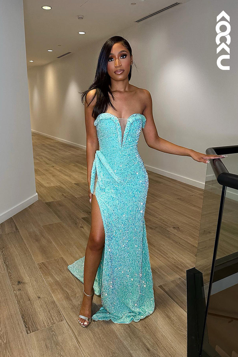 L1334 - Sheath/Column V-Neck Sequined Split Sleeveless Prom Evening Formal Dress