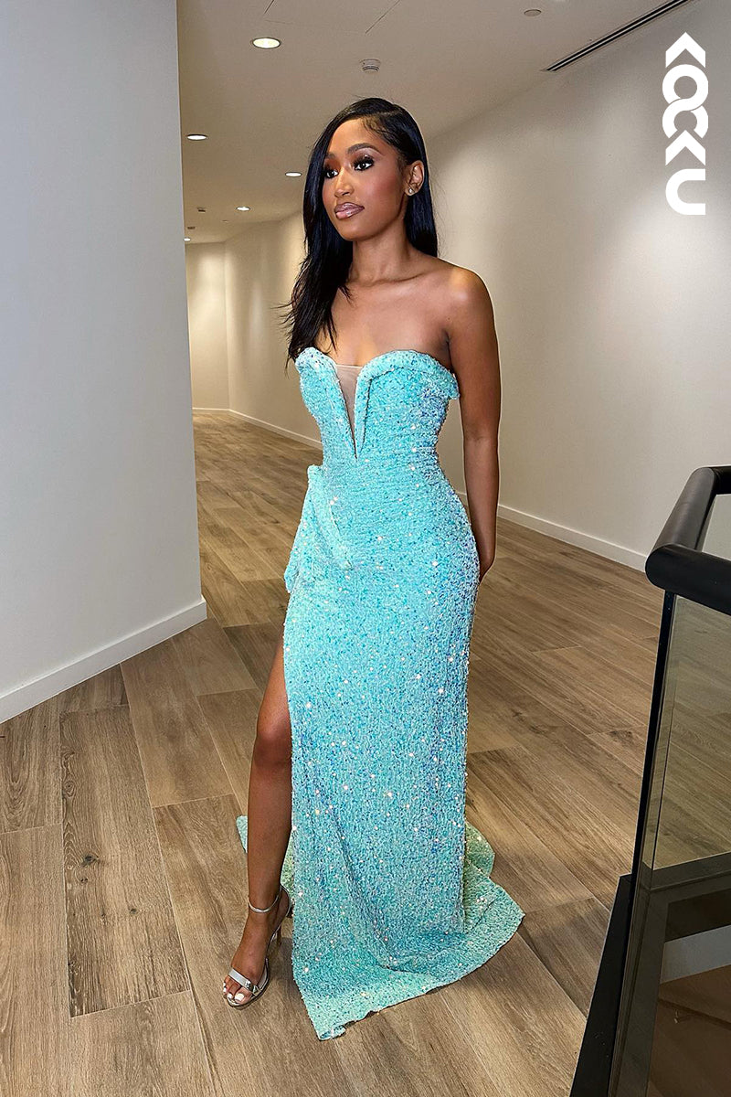 L1334 - Sheath/Column V-Neck Sequined Split Sleeveless Prom Evening Formal Dress
