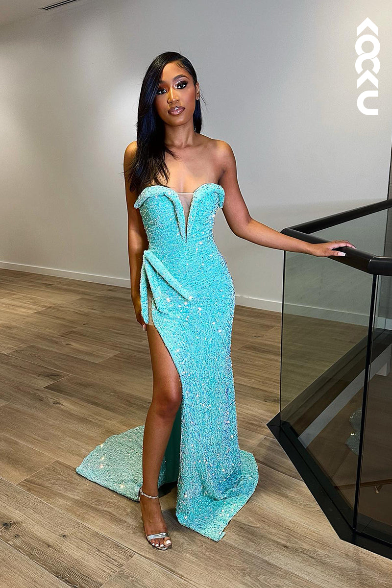 L1334 - Sheath/Column V-Neck Sequined Split Sleeveless Prom Evening Formal Dress