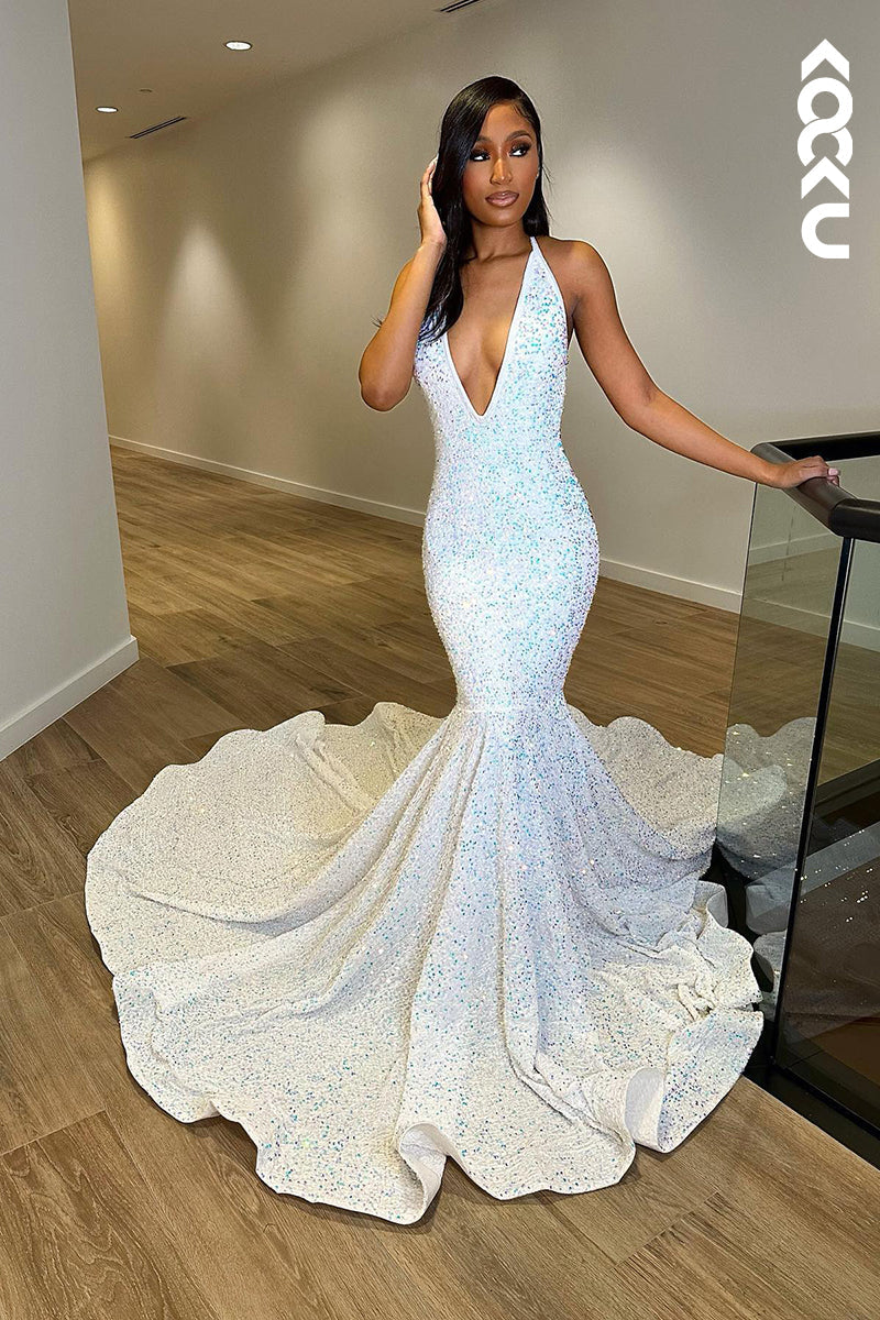 L1335 - Trumpet/Mermaid V-Neck Sequined Backless Sleeveless Prom Evening Formal Dress
