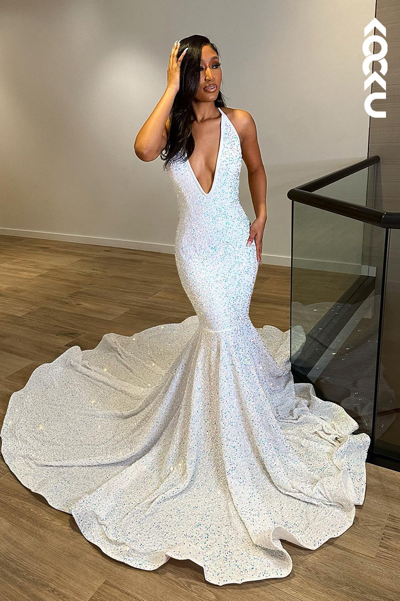 L1335 - Trumpet/Mermaid V-Neck Sequined Backless Sleeveless Prom Evening Formal Dress