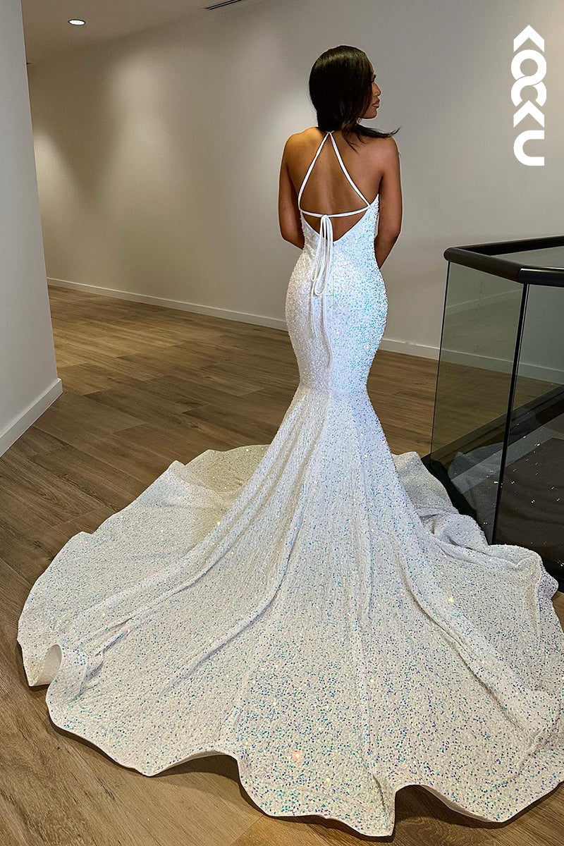 L1335 - Trumpet/Mermaid V-Neck Sequined Backless Sleeveless Prom Evening Formal Dress
