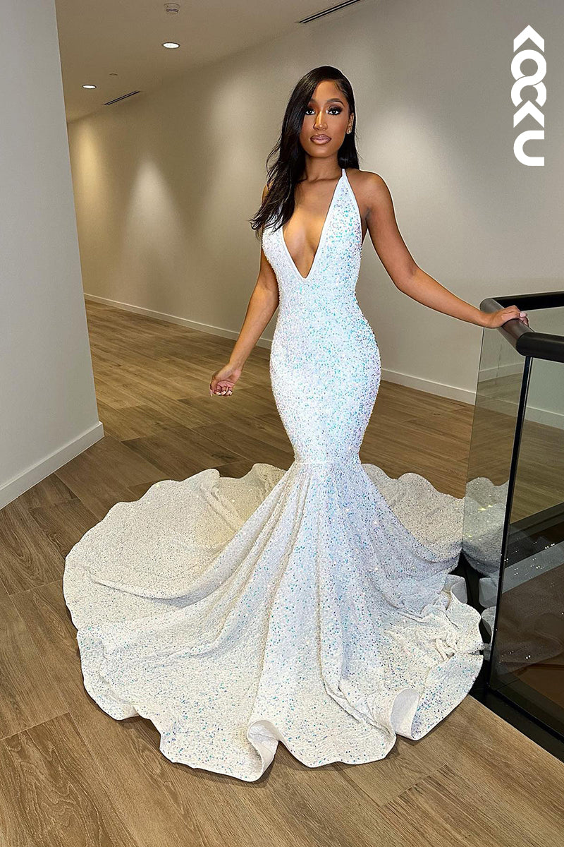 L1335 - Trumpet/Mermaid V-Neck Sequined Backless Sleeveless Prom Evening Formal Dress