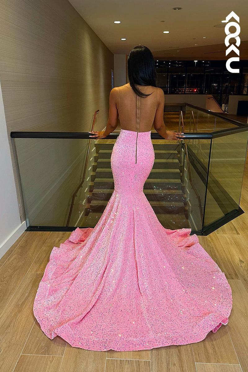 L1336 - Sheath/Column V-Neck Sequined Beaded Sleeveless Prom Evening Formal Dress