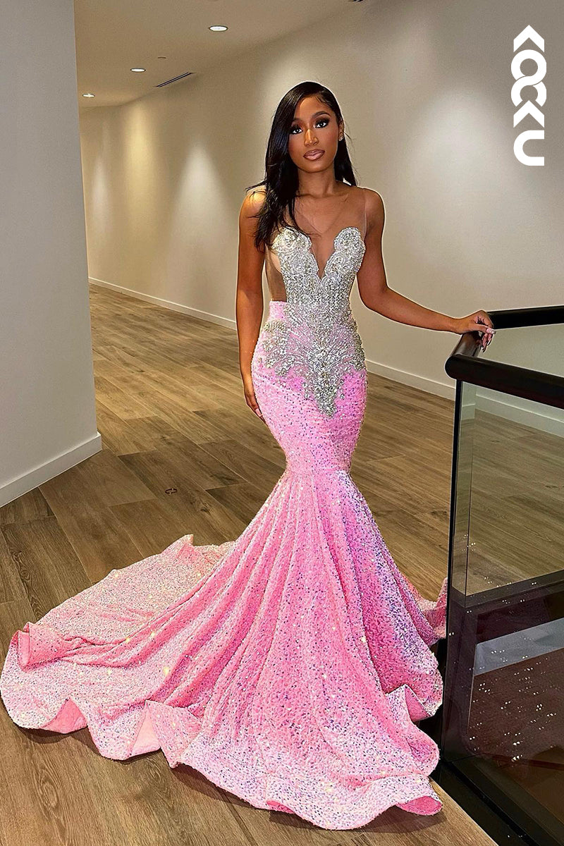 L1336 - Sheath/Column V-Neck Sequined Beaded Sleeveless Prom Evening Formal Dress