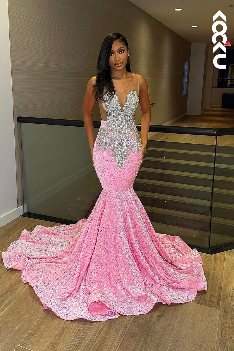 L1336 - Sheath/Column V-Neck Sequined Beaded Sleeveless Prom Evening Formal Dress