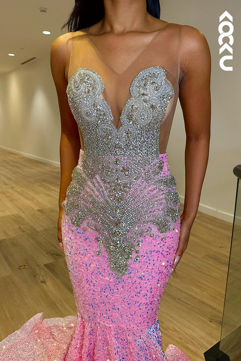 L1336 - Sheath/Column V-Neck Sequined Beaded Sleeveless Prom Evening Formal Dress
