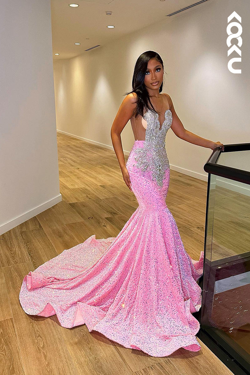 L1336 - Sheath/Column V-Neck Sequined Beaded Sleeveless Prom Evening Formal Dress