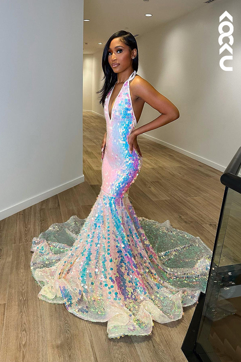 L1337 - Trumpet/Mermaid V-Neck Sequined Backless Sleeveless Prom Evening Formal Dress