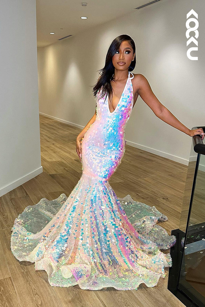 L1337 - Trumpet/Mermaid V-Neck Sequined Backless Sleeveless Prom Evening Formal Dress