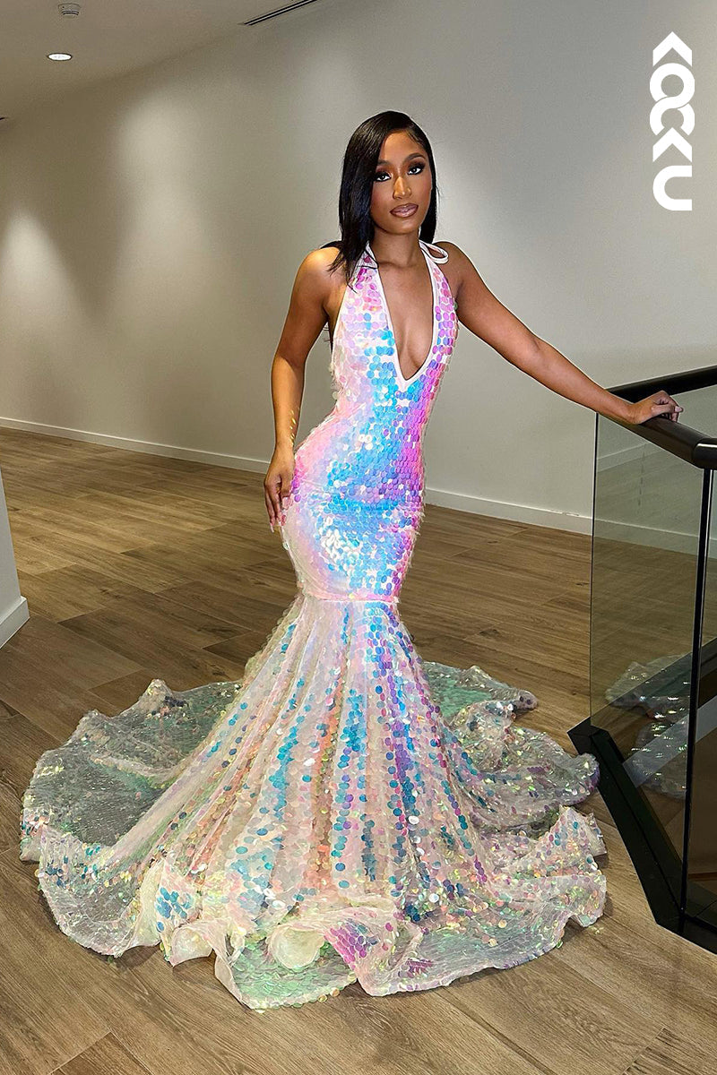 L1337 - Trumpet/Mermaid V-Neck Sequined Backless Sleeveless Prom Evening Formal Dress