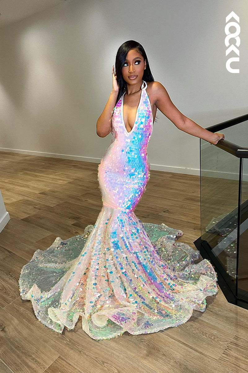 L1337 - Trumpet/Mermaid V-Neck Sequined Backless Sleeveless Prom Evening Formal Dress