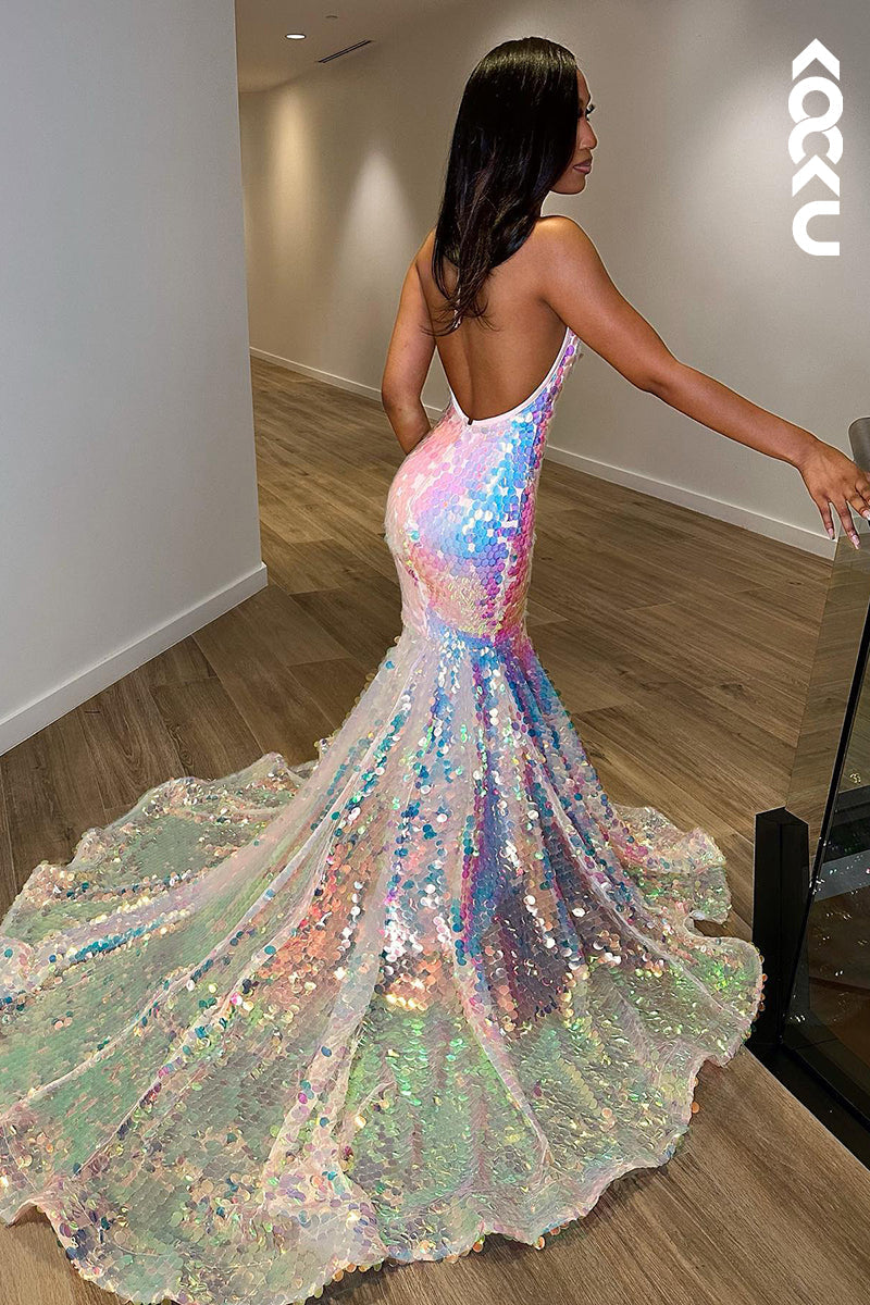 L1337 - Trumpet/Mermaid V-Neck Sequined Backless Sleeveless Prom Evening Formal Dress