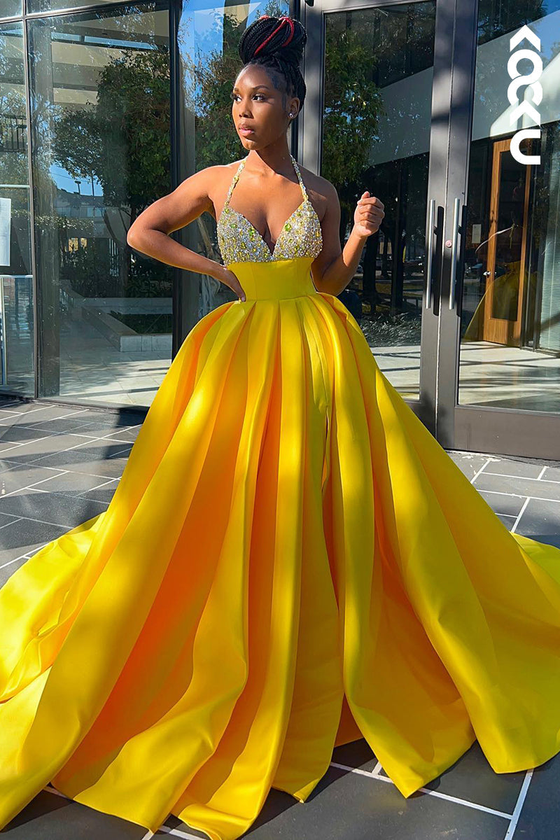 L1339 - A-Line V-Neck Satin Beaded Backless Prom Evening Formal Dress