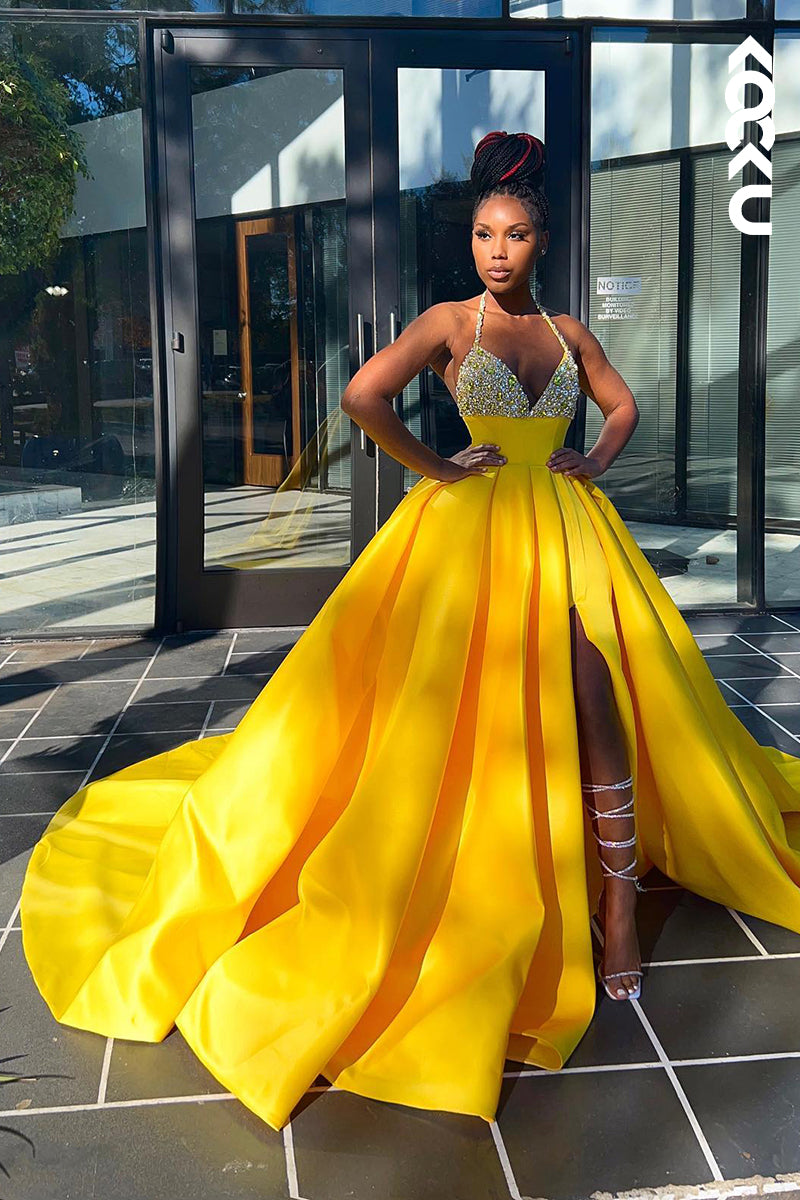 L1339 - A-Line V-Neck Satin Beaded Backless Prom Evening Formal Dress