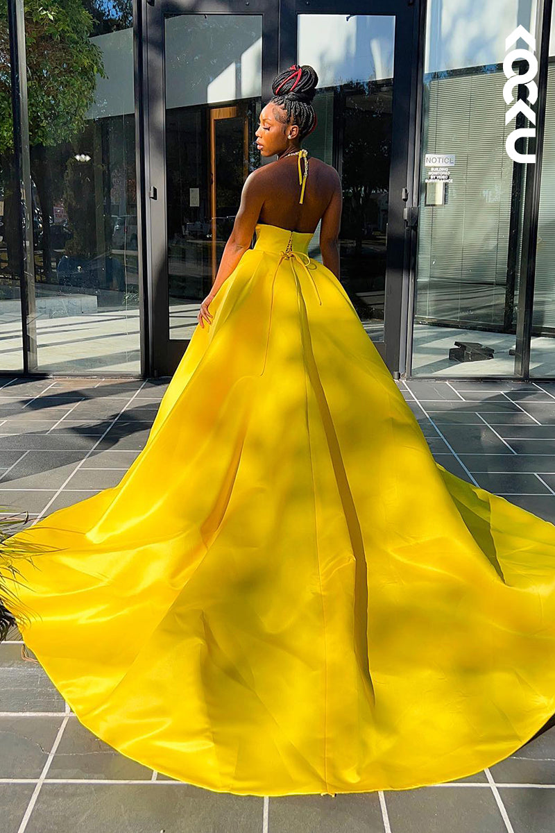 L1339 - A-Line V-Neck Satin Beaded Backless Prom Evening Formal Dress