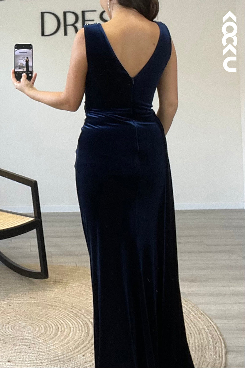 L1341 - Sheath/Column Scoop Beaded Velvet Long Formal Dress With Removable Sleeves