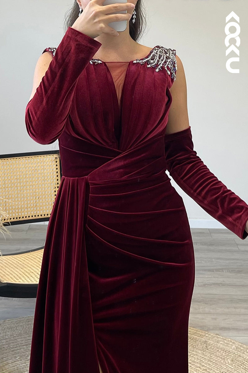 L1341 - Sheath/Column Scoop Beaded Velvet Long Formal Dress With Removable Sleeves