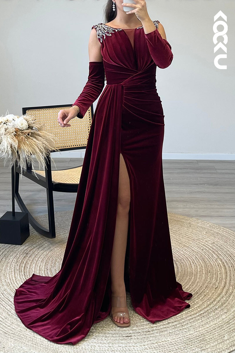 L1341 - Sheath/Column Scoop Beaded Velvet Long Formal Dress With Removable Sleeves