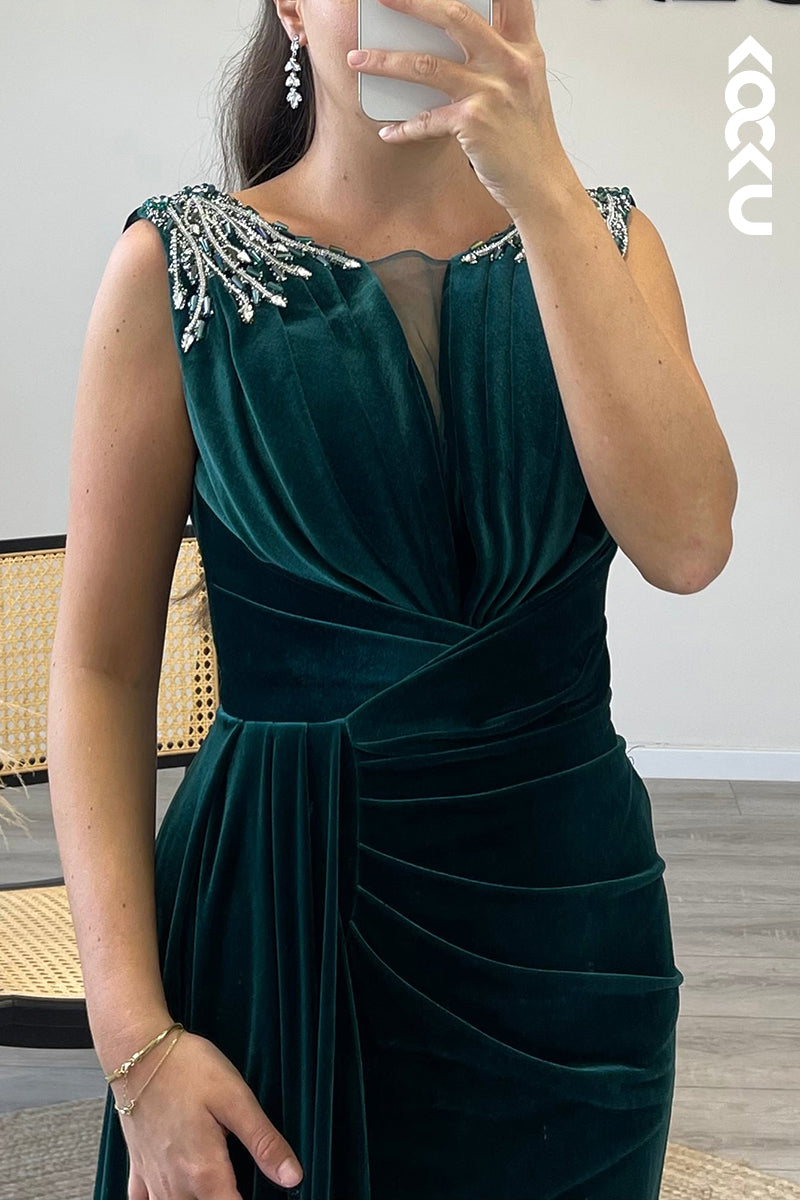 L1341 - Sheath/Column Scoop Beaded Velvet Long Formal Dress With Removable Sleeves