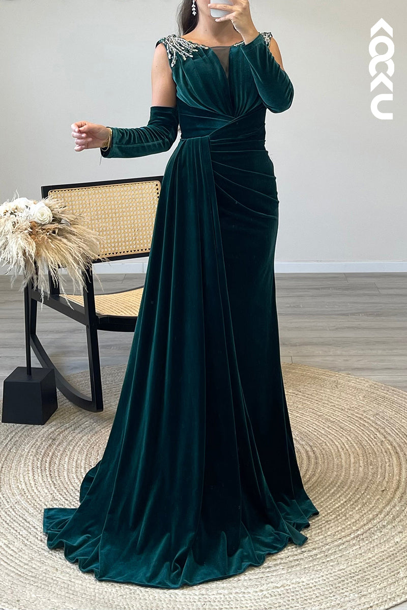 L1341 - Sheath/Column Scoop Beaded Velvet Long Formal Dress With Removable Sleeves