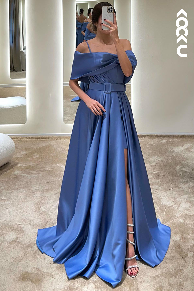 L1343 - A-Line Off-Shoulder Satin Belt Split Prom Evening Formal Dress