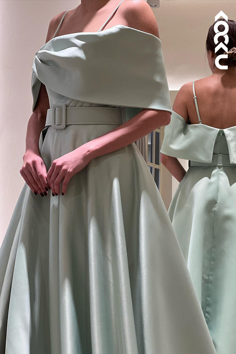 L1343 - A-Line Off-Shoulder Satin Belt Split Prom Evening Formal Dress