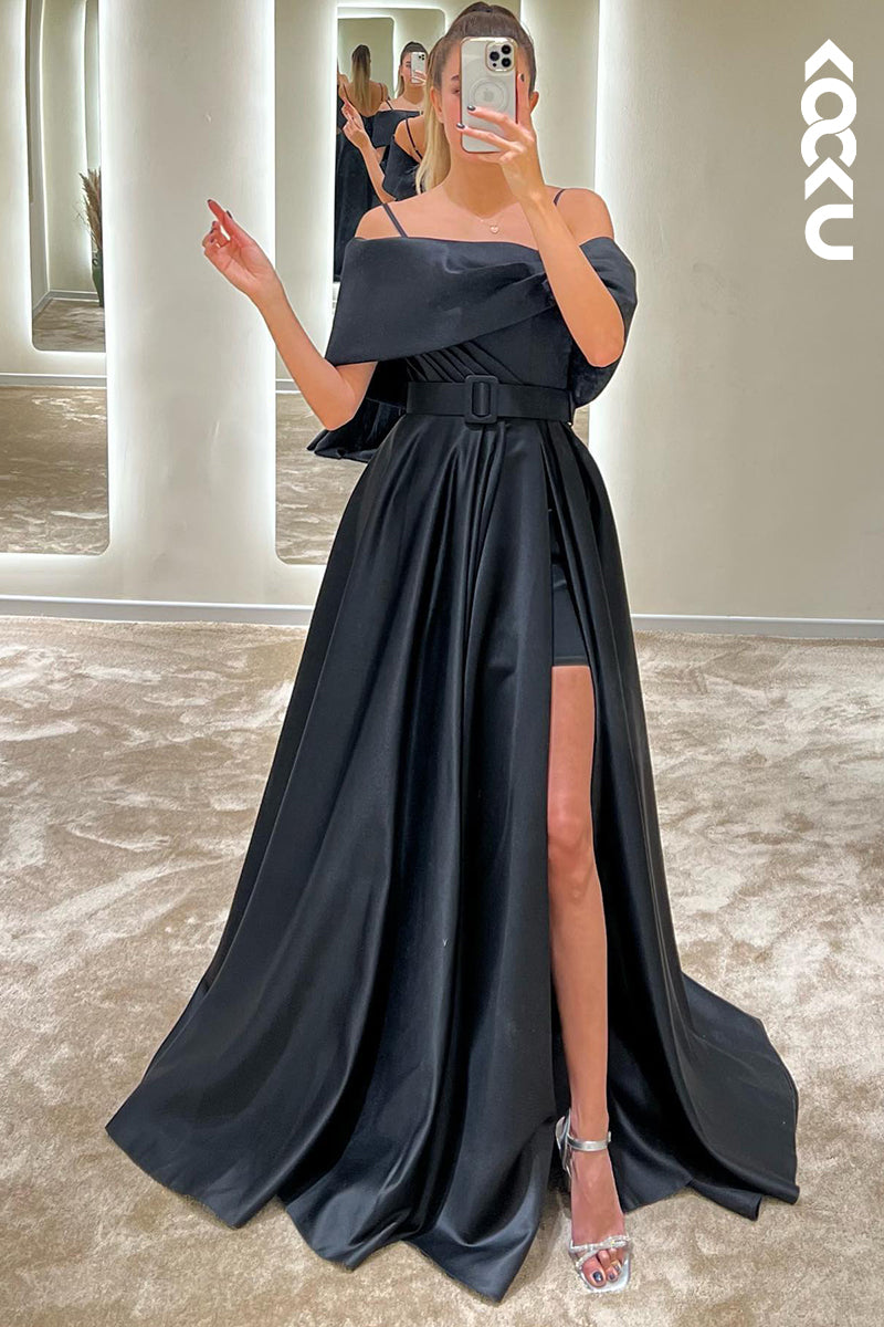 L1343 - A-Line Off-Shoulder Satin Belt Split Prom Evening Formal Dress