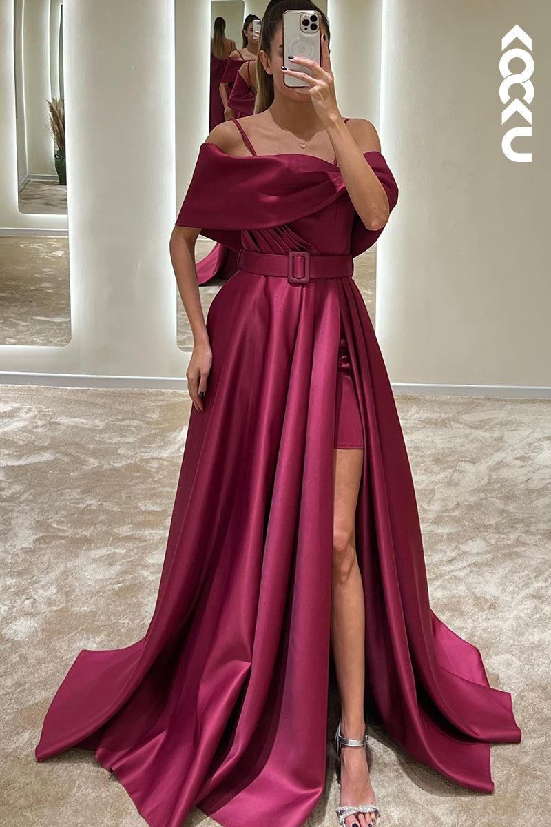 L1343 - A-Line Off-Shoulder Satin Belt Split Prom Evening Formal Dress