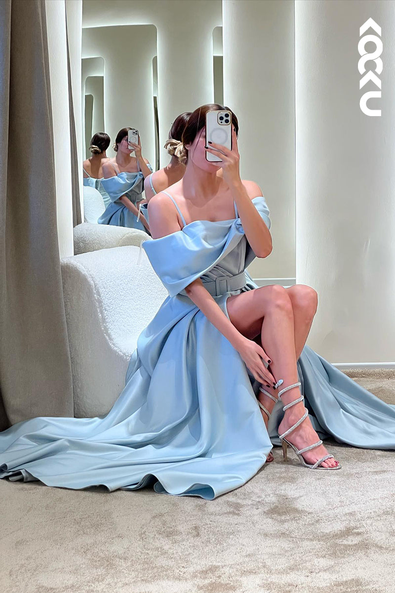 L1343 - A-Line Off-Shoulder Satin Belt Split Prom Evening Formal Dress