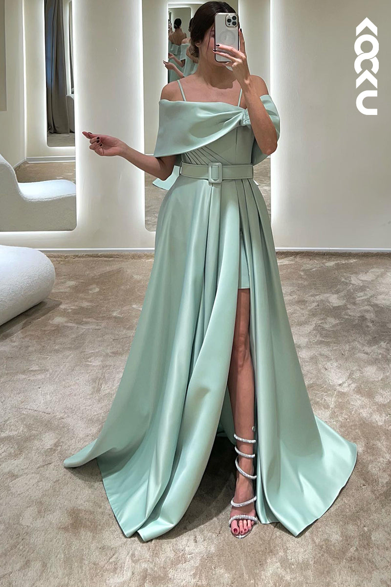 L1343 - A-Line Off-Shoulder Satin Belt Split Prom Evening Formal Dress
