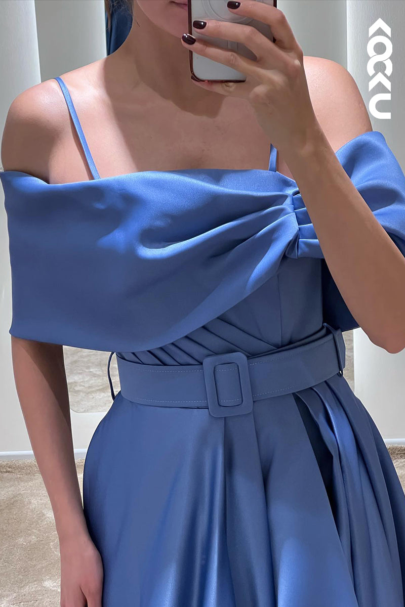L1343 - A-Line Off-Shoulder Satin Belt Split Prom Evening Formal Dress