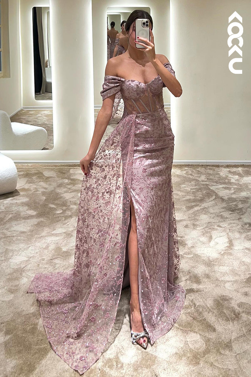 L1344 - Sheath/Column Off-Shoulder Tulle Appliques Sequins Prom Evening Formal Dress