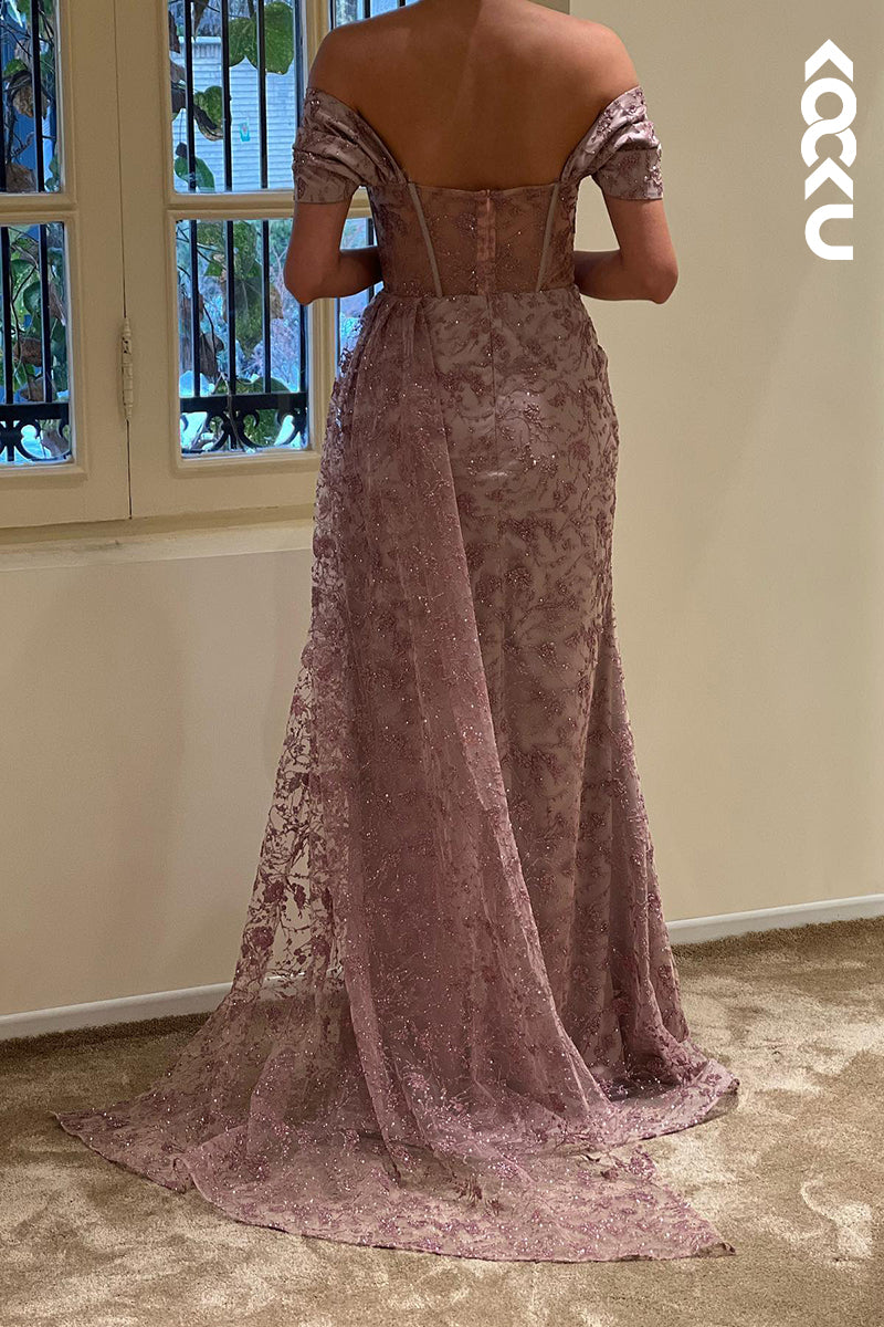 L1344 - Sheath/Column Off-Shoulder Tulle Appliques Sequins Prom Evening Formal Dress