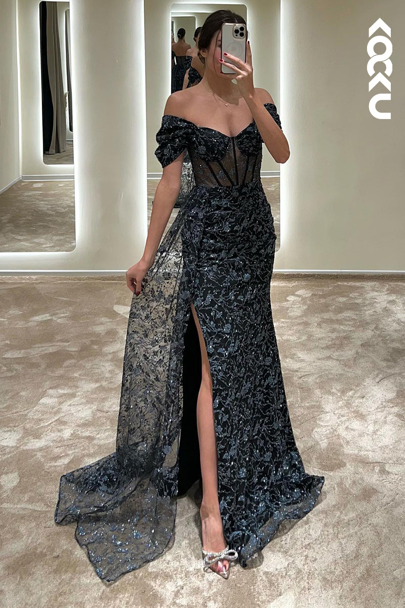 L1344 - Sheath/Column Off-Shoulder Tulle Appliques Sequins Prom Evening Formal Dress