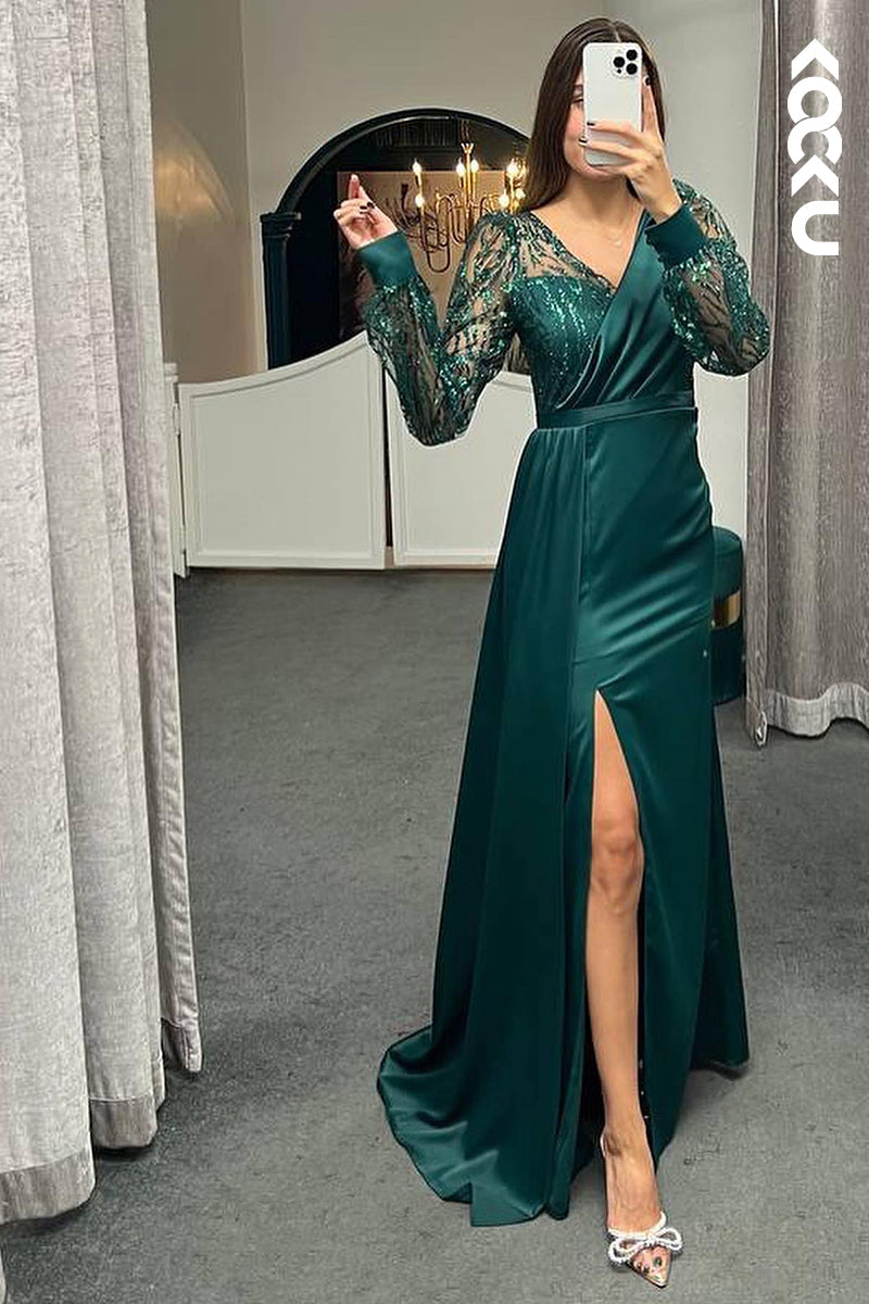 L1346 - Sheath/Column V-Neck Satin Beaded Long Sleeves Prom Evening Formal Dress