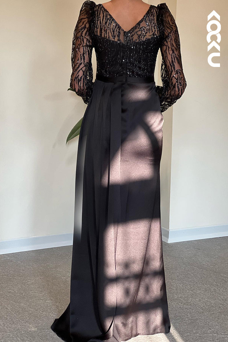 L1346 - Sheath/Column V-Neck Satin Beaded Long Sleeves Prom Evening Formal Dress