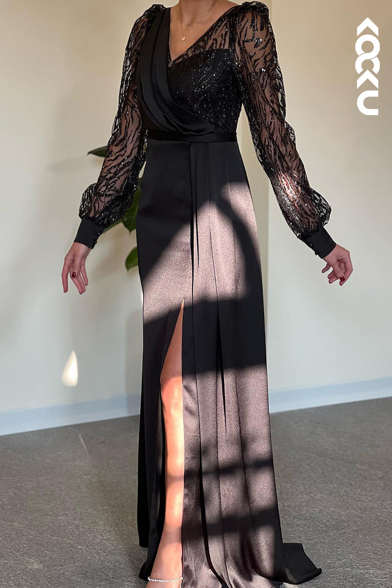L1346 - Sheath/Column V-Neck Satin Beaded Long Sleeves Prom Evening Formal Dress
