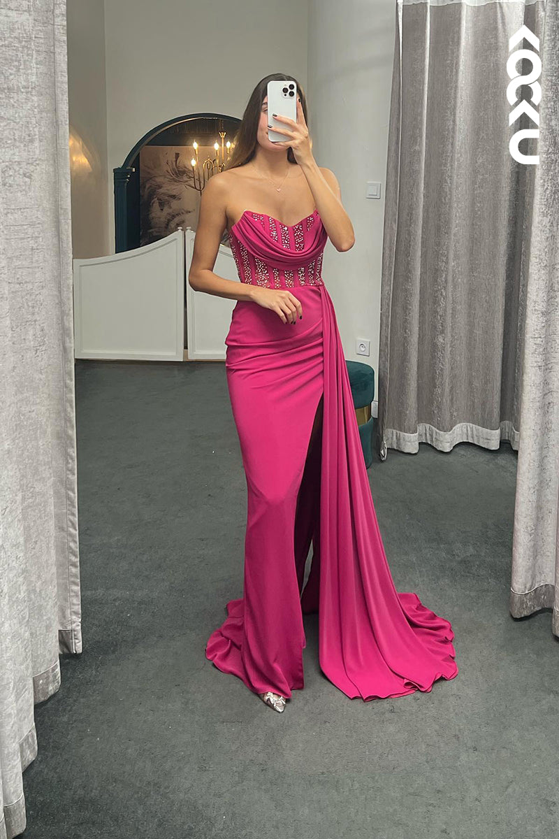 L1347 - Sheath/Column Sweetheart Satin Beaded Split Prom Evening Formal Dress