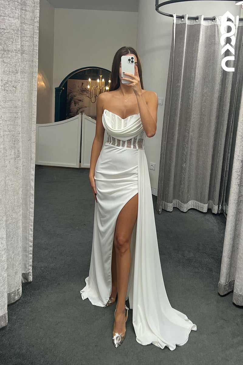 L1347 - Sheath/Column Sweetheart Satin Beaded Split Prom Evening Formal Dress